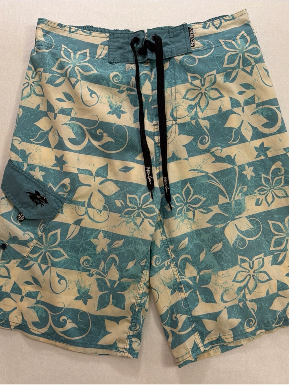 Maui and Sons Teal and Cream Floral Stripe Board Shorts